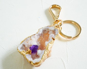 Agate amethyst keychain, druzy crystal keychain, gemstone keychain, natural stone keychain, raw crystal, crystal gift, crystal healing