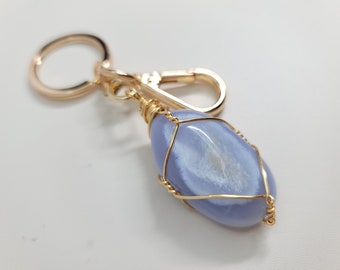 Blue chalcedony keychain, blue lace agate keychain, gemstone keychain, natural stone keychain, crystal gift, natural crystal keychain