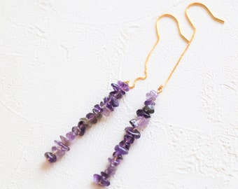 Amethyst earrings, raw crystal earrings, gemstone earrings, threader earrings crystal, crystal dangle earrings, February birthstone jewelry