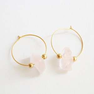 Rose quartz hoop earrings, raw crystal earrings, gemstone earrings, raw quartz earrings, rough gemstone earrings, crystal dangle earrings