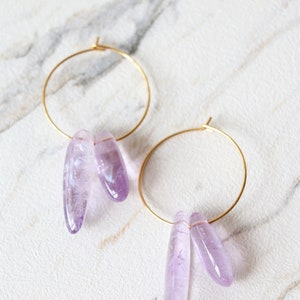 Amethyst hoop earrings, raw crystal earrings, gemstone earrings, raw quartz earrings, crystal hoop earrings, crystal dangle earring image 3