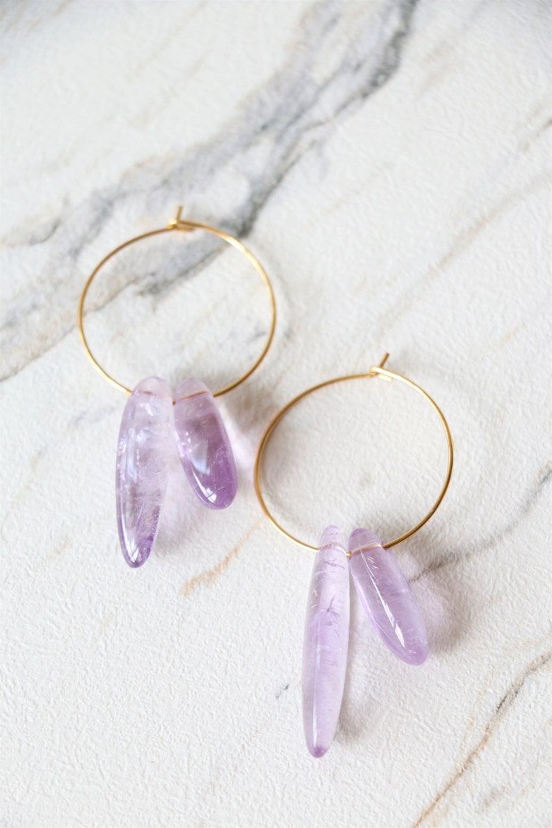 Amethyst hoop earrings, raw crystal earrings, gemstone earrings, raw quartz earrings, crystal hoop earrings, crystal dangle earring image 3