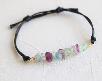 Rainbow fluorite bracelet, Raw crystal bracelet, crystal cord bracelet, adjustable cotton cord bracelet, gemstone cord bracelet, thin cord