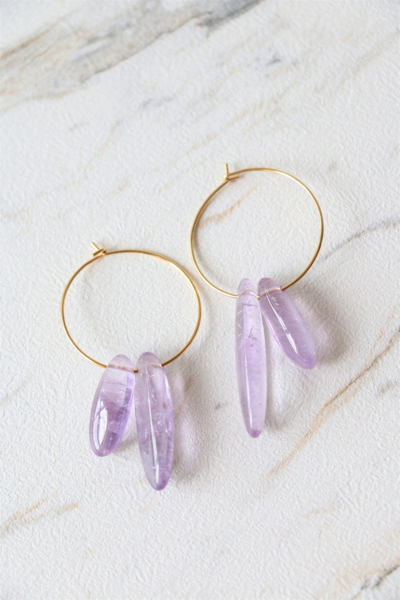 Amethyst hoop earrings, raw crystal earrings, gemstone earrings, raw quartz earrings, crystal hoop earrings, crystal dangle earring image 1