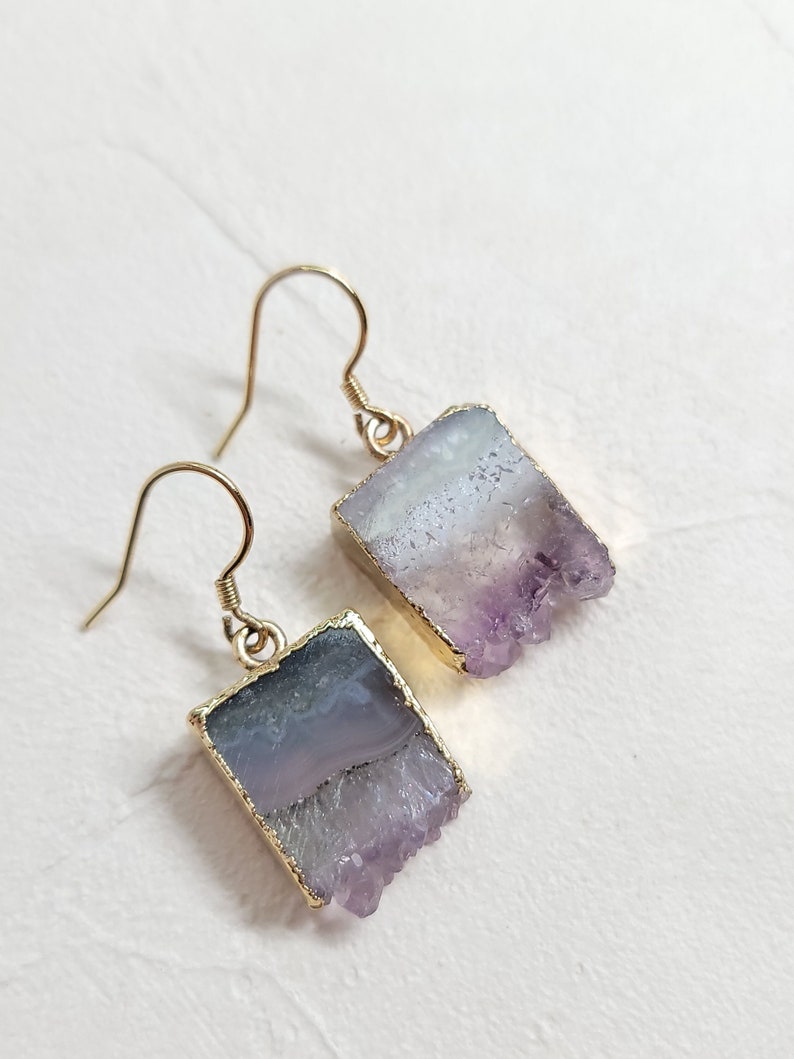 Amethyst dangle earrings, raw crystal earrings, gemstone earrings, raw quartz earrings, crystal dangle earrings, gold hoop earrings image 1