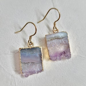 Amethyst dangle earrings, raw crystal earrings, gemstone earrings, raw quartz earrings, crystal dangle earrings, gold hoop earrings image 3