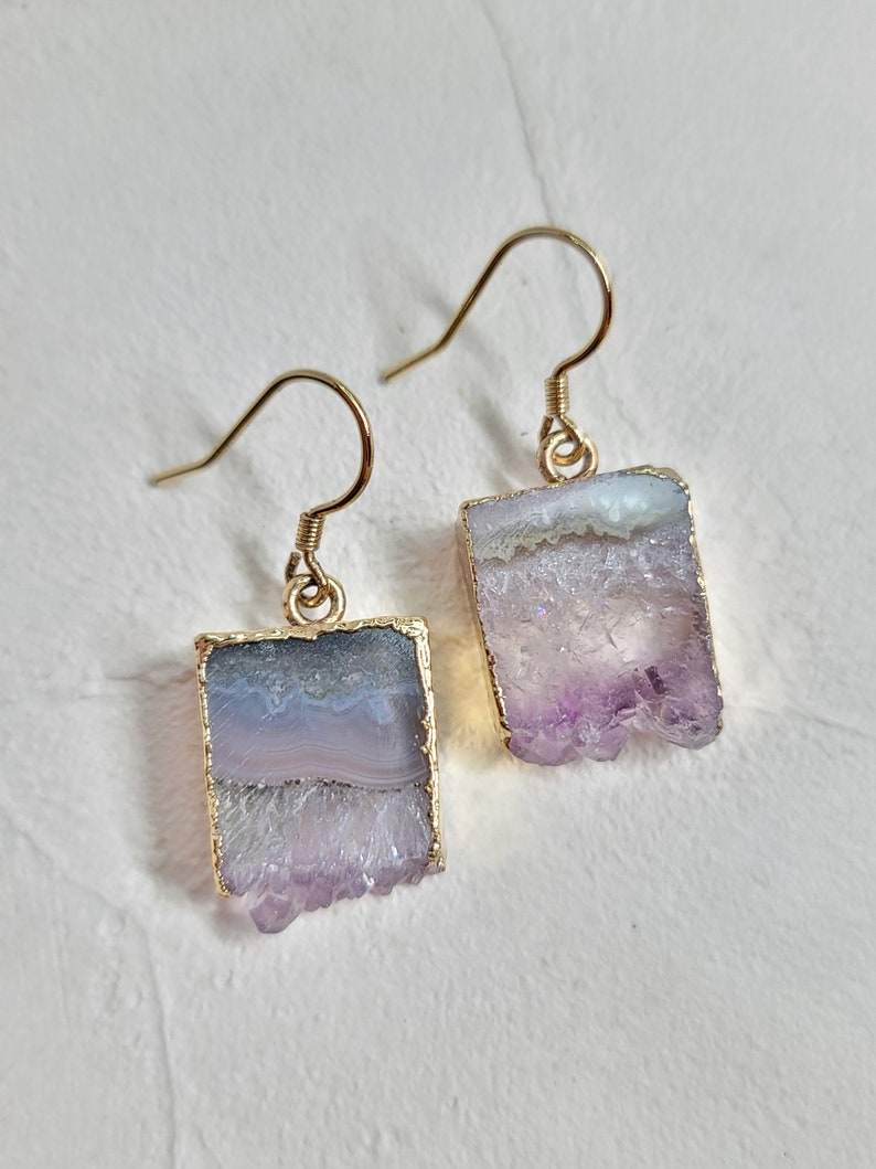 Amethyst dangle earrings, raw crystal earrings, gemstone earrings, raw quartz earrings, crystal dangle earrings, gold hoop earrings image 3