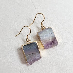 Amethyst dangle earrings, raw crystal earrings, gemstone earrings, raw quartz earrings, crystal dangle earrings, gold hoop earrings image 2