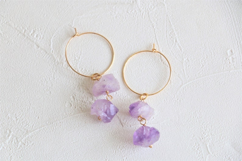 Amethyst Hoop Earrings Raw Crystal Earrings Gemstone Etsy