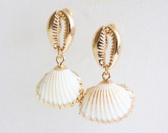 Shell dangle earrings, Sea shell earrings, beach earrings, boho earrings, natural shell earrings, shell earrings gold plated, beach jewelry