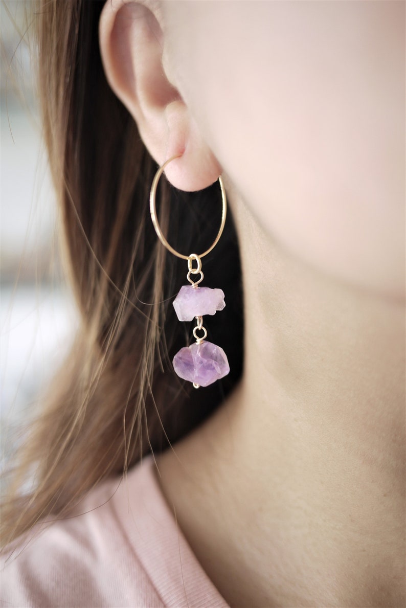 Amethyst hoop earrings raw crystal earrings gemstone Etsy