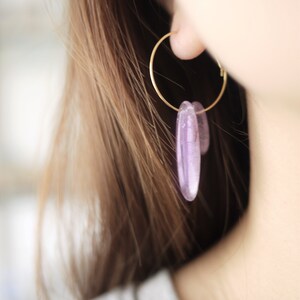 Amethyst hoop earrings, raw crystal earrings, gemstone earrings, raw quartz earrings, crystal hoop earrings, crystal dangle earring image 8