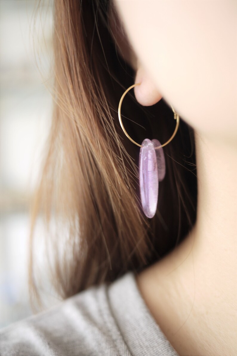 Amethyst hoop earrings, raw crystal earrings, gemstone earrings, raw quartz earrings, crystal hoop earrings, crystal dangle earring image 8