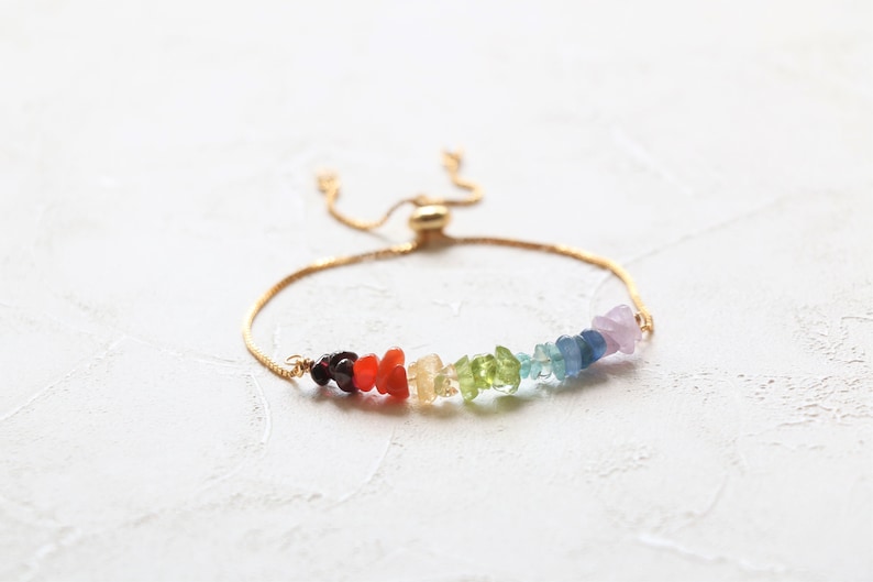 Chakra bracelet, rainbow bracelet, yoga bracelet, raw crystal bracelet, adjustable bracelet, sliding bracelet, gold silver rose gold zdjęcie 4