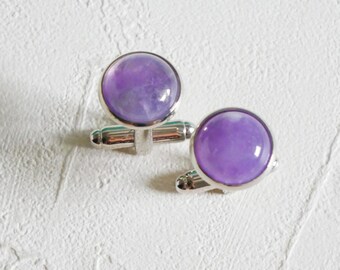 Amethyst cufflinks, Gemstone cufflinks, crystal cufflinks, Stone cufflinks, Silver cufflinks, Groomsmen cufflinks, Gift for him