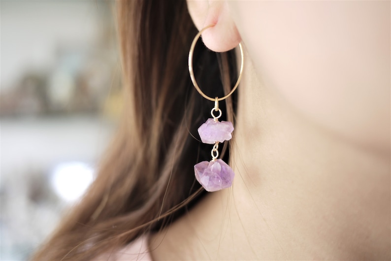 Amethyst hoop earrings raw crystal earrings gemstone Etsy