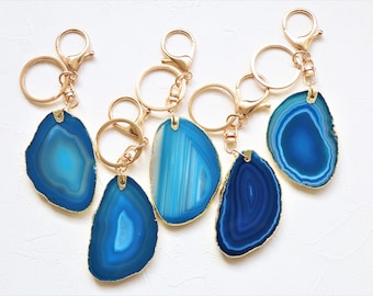 Blue agate keychain, crystal keychain, gemstone keychain, boho keychain, natural stone keychain, raw crystal, crystal gift, crystal healing
