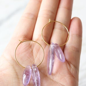 Amethyst hoop earrings, raw crystal earrings, gemstone earrings, raw quartz earrings, crystal hoop earrings, crystal dangle earring image 6