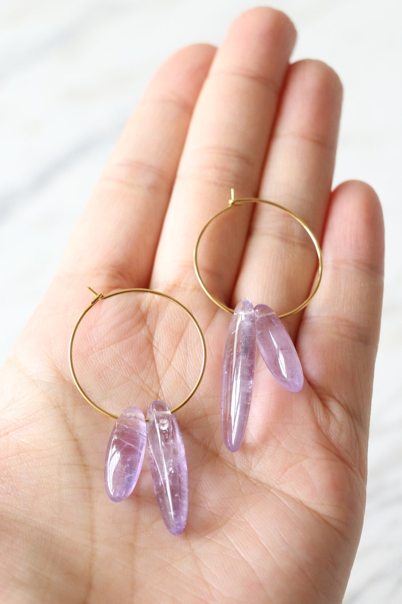 Amethyst hoop earrings, raw crystal earrings, gemstone earrings, raw quartz earrings, crystal hoop earrings, crystal dangle earring image 6