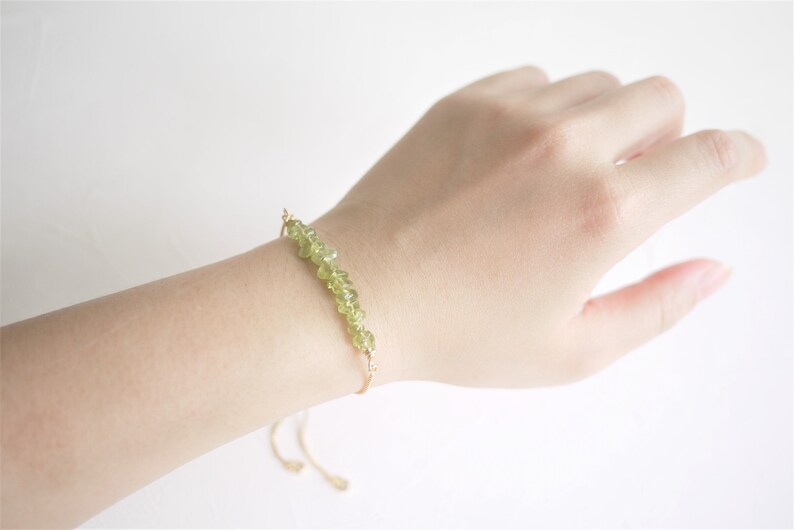 Peridot bracelet, Gemstone bracelet, raw crystal bracelet, sliding bracelet, Minimalist bracelet, Adjustable bracelet, August birthstone image 4