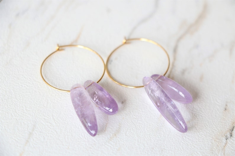 Amethyst hoop earrings, raw crystal earrings, gemstone earrings, raw quartz earrings, crystal hoop earrings, crystal dangle earring image 4