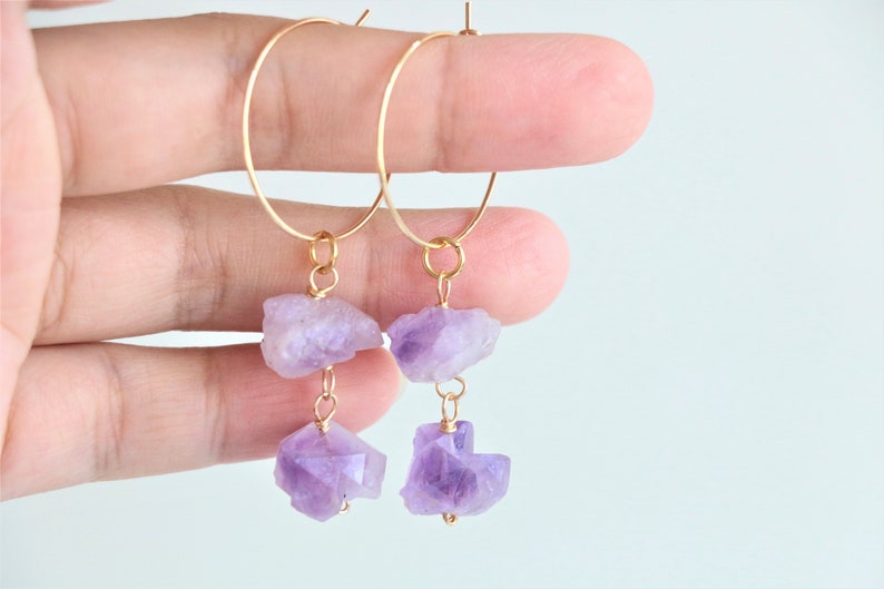 Amethyst Hoop Earrings Raw Crystal Earrings Gemstone Etsy