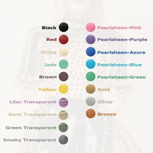 May include: Color chart from Charm Latex featuring a variety of colors, including Black, Red, White, Jade, Brown, Yellow, Lilac Transparent, Semi Transparent, Green Transparent, and Smoky Transparent. Also includes Pearlsheen-Pink, Pearlsheen-Purple, Pearlsheen-Azure, Pearlsheen-Blue, Pearlsheen-Green, Gold, Silver, and Bronze.