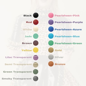 May include: Color chart from Charm Latex featuring a variety of colors, including Black, Red, White, Jade, Brown, Yellow, Lilac Transparent, Semi Transparent, Green Transparent, and Smoky Transparent. Also includes Pearlsheen-Pink, Pearlsheen-Purple, Pearlsheen-Azure, Pearlsheen-Blue, Pearlsheen-Green, Gold, Silver, and Bronze.