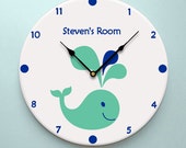 Ceramic Wall Clock Green Cobalt Blue Whale Personalized Gift For Kids