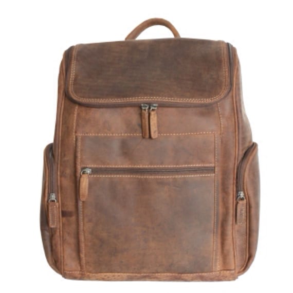 distressed brown leather backpack Buffalo for Men & Women | Sheldon Leather trolley strap Brown Leather Zip Backpack |