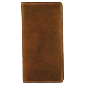 May include: A rectangular, brown leather wallet in a vertical format. The wallet has a distressed look, with variations in colour and texture. The edges are stitched with a lighter brown thread, providing a contrast. The wallet appears to be new.