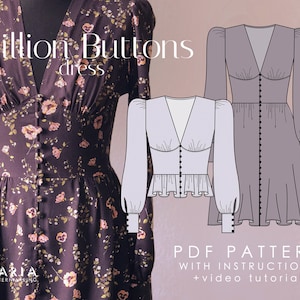 Buttoned V-neck dress and blouse - EU 32-52 US 0-20 - 2 cup options - Instant download A4 PDF sewing pattern - Million Buttons Dress