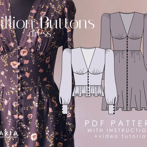 Buttoned V-neck dress and blouse - EU 32-52 US 0-20 - 2 cup options - Instant download A4 PDF sewing pattern - Million Buttons Dress