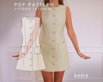 Vestido sin mangas forrado con botones y tejido tweed - Descarga del patrón en PDF