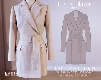 Kleid im Blazer-Stil mit gestepptem Gürtel - Sofort-Download PDF-Schnittmuster - Größe EU 32-58 US 0-26 - Luster Blazer Dress