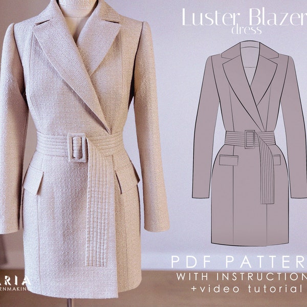 Robe blazer avec ceinture matelassée - Patron de couture PDF à téléchargement immédiat - Tailles UE 32-58 US 0-26 - Robe blazer lustré