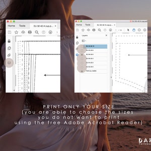 May include: A computer screen displaying a digital sewing pattern with instructions to print only your size. The pattern is for a garment with a variety of sizes, from EU 32 to 42. The text on the screen reads "PRINT ONLY YOUR SIZE (you are able to choose the sizes you do not want to print using the free Adobe Acrobat Reader)".