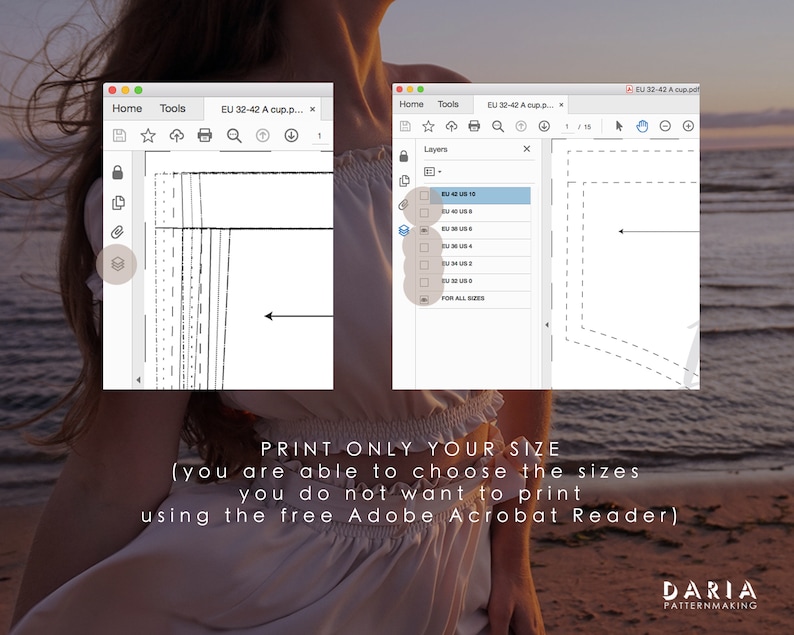 May include: A computer screen displaying a digital sewing pattern with instructions to print only your size. The pattern is for a garment with a variety of sizes, from EU 32 to 42. The text on the screen reads "PRINT ONLY YOUR SIZE (you are able to choose the sizes you do not want to print using the free Adobe Acrobat Reader)".