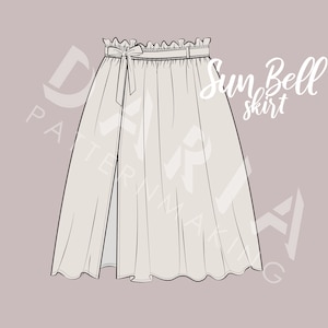 May include: A white, flowy skirt with a front slit and a tie at the waist. The skirt is called "Sun Bell Skirt".