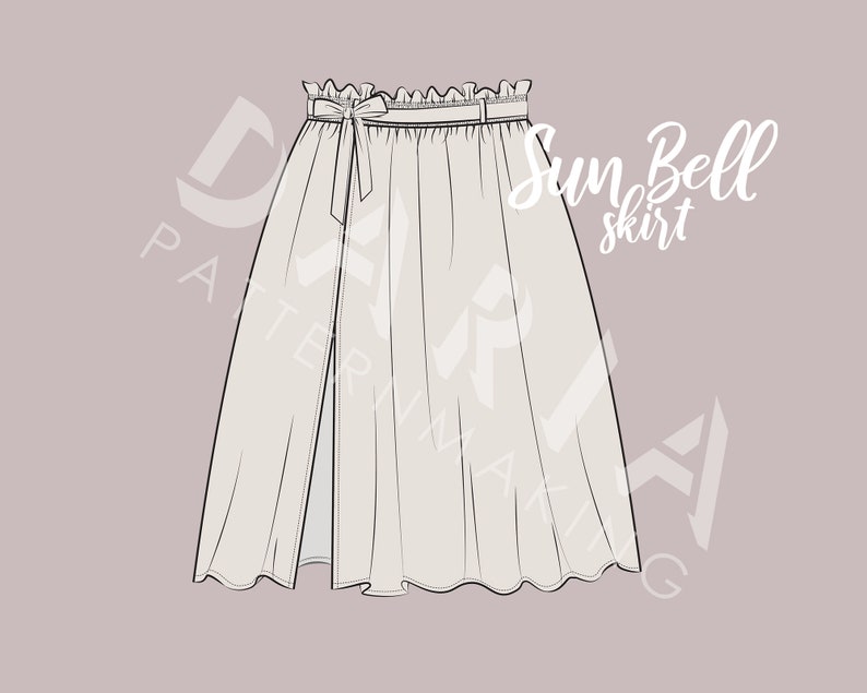 May include: A white, flowy skirt with a front slit and a tie at the waist. The skirt is called "Sun Bell Skirt".