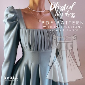 Pleated dress with a bow back detail and puff sleeves - EU 32-54 US 0-22 - Instant download A4, A0 PDF sewing pattern - Pleated Lily Dress