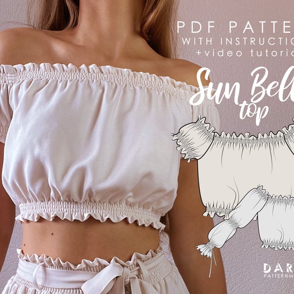 Off-shoulder shirred top - Beginner friendly - Instant download PDF sewing pattern - EU 32-54 US 0-22 sizes - Long/short sleeve Sun Bell Top