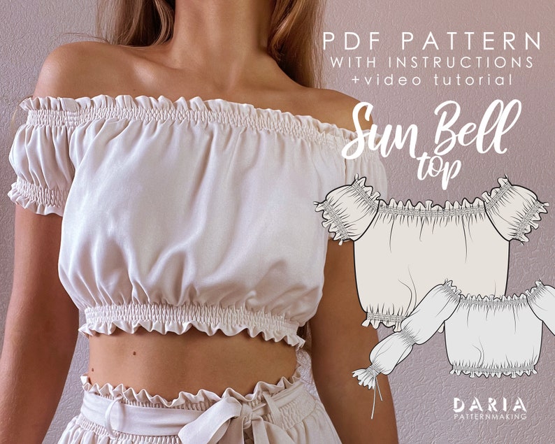 Off-shoulder shirred top Beginner friendly Instant download PDF sewing pattern EU 32-54 US 0-22 sizes Long/short sleeve Sun Bell Top image 1