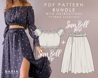 BUNDLE: shirred top + slit skirt - 2 patterns - Beginner friendly - Instant download pdf sewing pattern - EU 32-54 US 0-22 sizes - Sun Bell