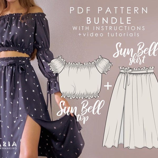 BUNDLE: shirred top + slit skirt - 2 patterns - Beginner friendly - Instant download pdf sewing pattern - EU 32-54 US 0-22 sizes - Sun Bell