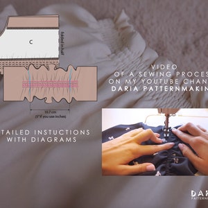 May include: A diagram showing how to sew a ruffle with a sewing machine. The diagram shows the fabric folded in half and the stitching line. The text "VIDEO OF A SEWING PROCESS ON MY YOUTUBE CHANNEL DARIA PATTERNMAKING" is visible in the image.
