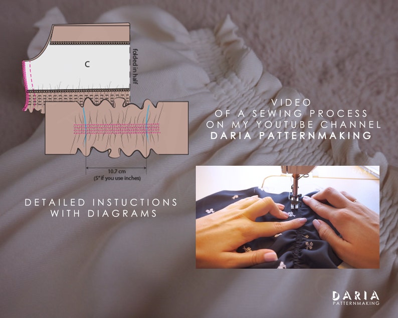 May include: A diagram showing how to sew a ruffle with a sewing machine. The diagram shows the fabric folded in half and the stitching line. The text "VIDEO OF A SEWING PROCESS ON MY YOUTUBE CHANNEL DARIA PATTERNMAKING" is visible in the image.