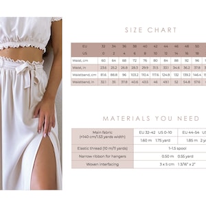 May include: Size chart and materials list for a sewing pattern. The chart shows sizes EU 32-54 and US 0-22. The materials list includes main fabric, elastic thread, narrow ribbon, and woven interfacing.