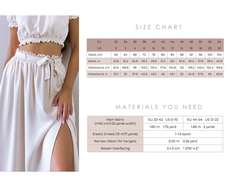 May include: Size chart and materials list for a sewing pattern. The chart shows sizes EU 32-54 and US 0-22. The materials list includes main fabric, elastic thread, narrow ribbon, and woven interfacing.