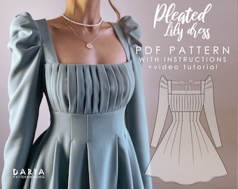 Pleated dress with a bow back detail and puff sleeves - EU 32-54 US 0-22 - Instant download A4 PDF sewing pattern - Pleated Lily Dress